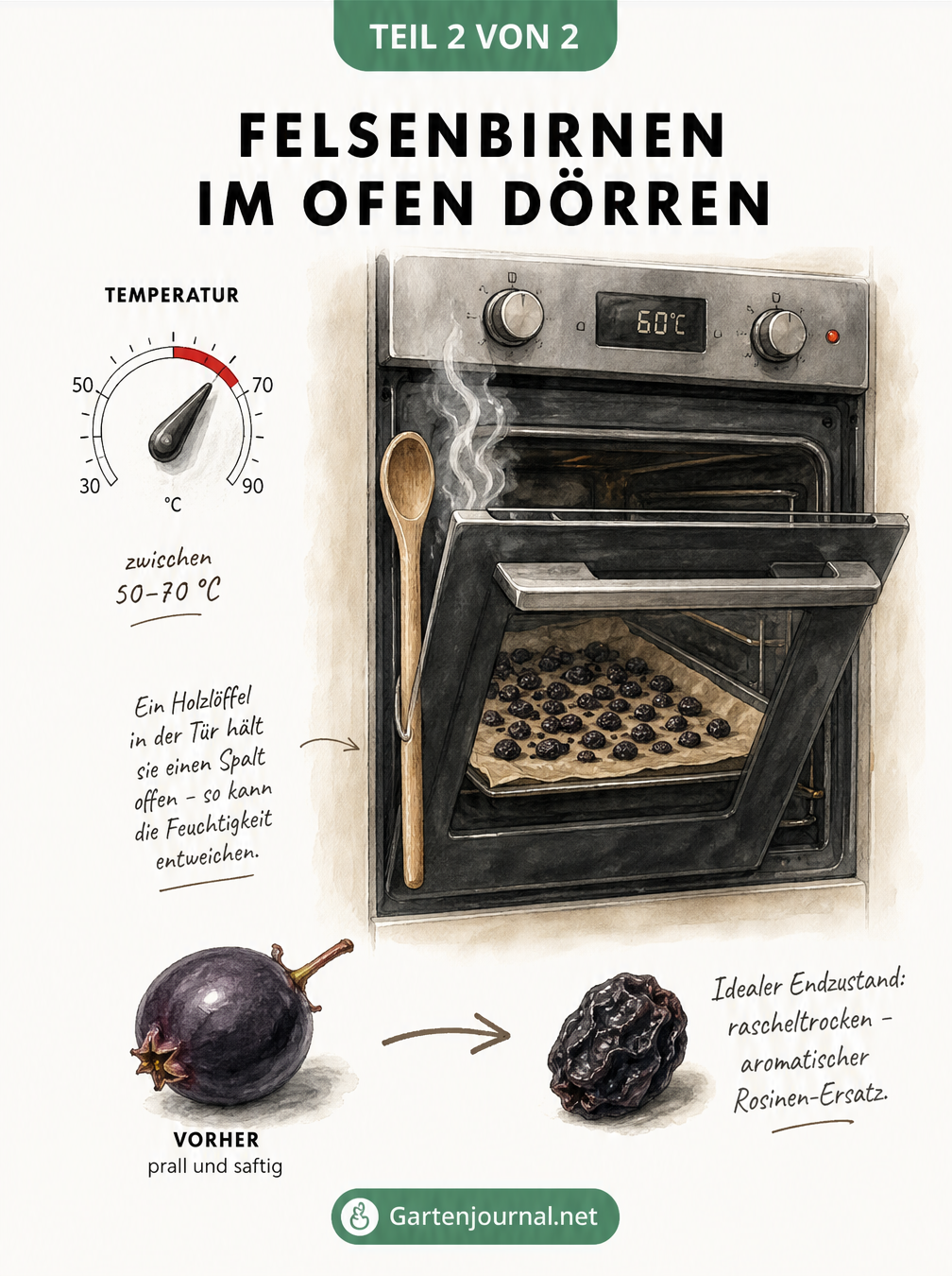 Geöffnete Backofentür mit eingeklemmtem Holzlöffel, drinnen ein Backblech mit Felsenbirnen, darüber ein Temperaturregler auf 50 bis 70 Grad
