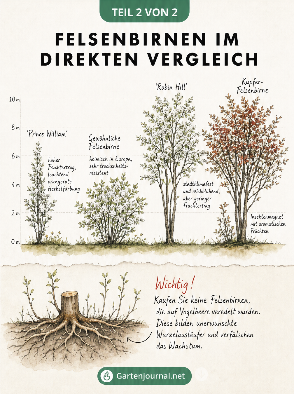 Vergleichsskizze verschiedener Felsenbirnen-Sorten mit Wuchshöhen und Wurzelstock-Warnhinweis