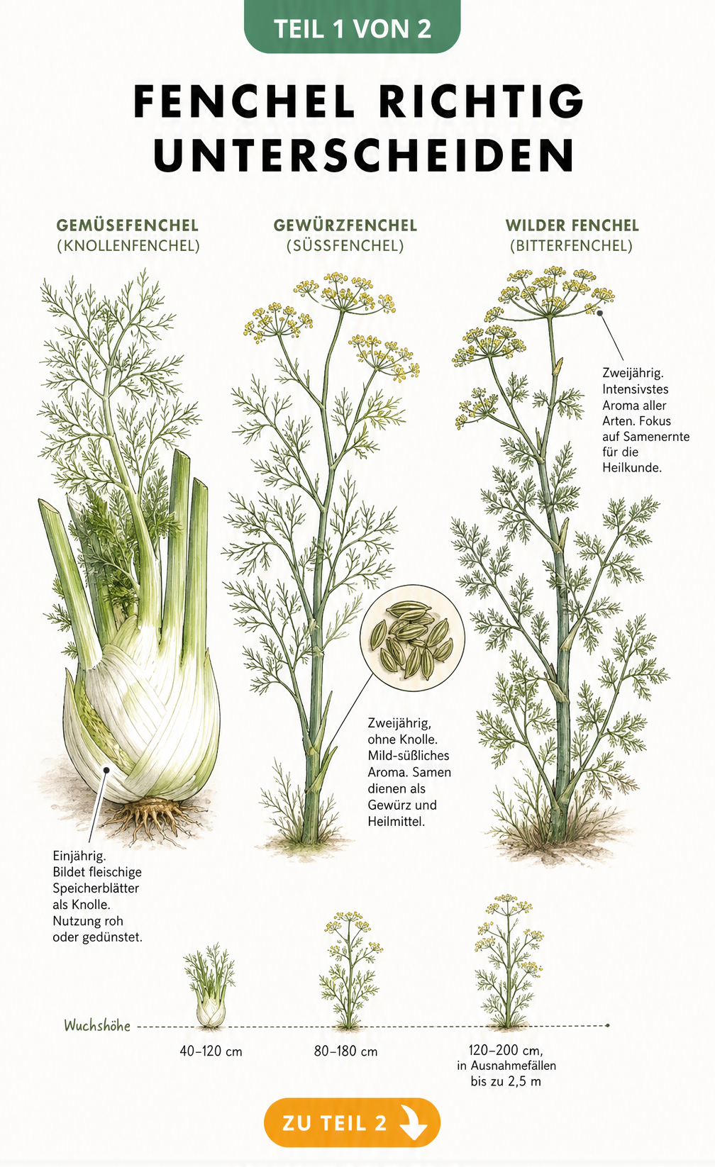 Botanische Illustration der drei Fenchel-Arten: Gemüsefenchel mit Knolle, Gewürzfenchel und Wilder Fenchel im Vergleich.