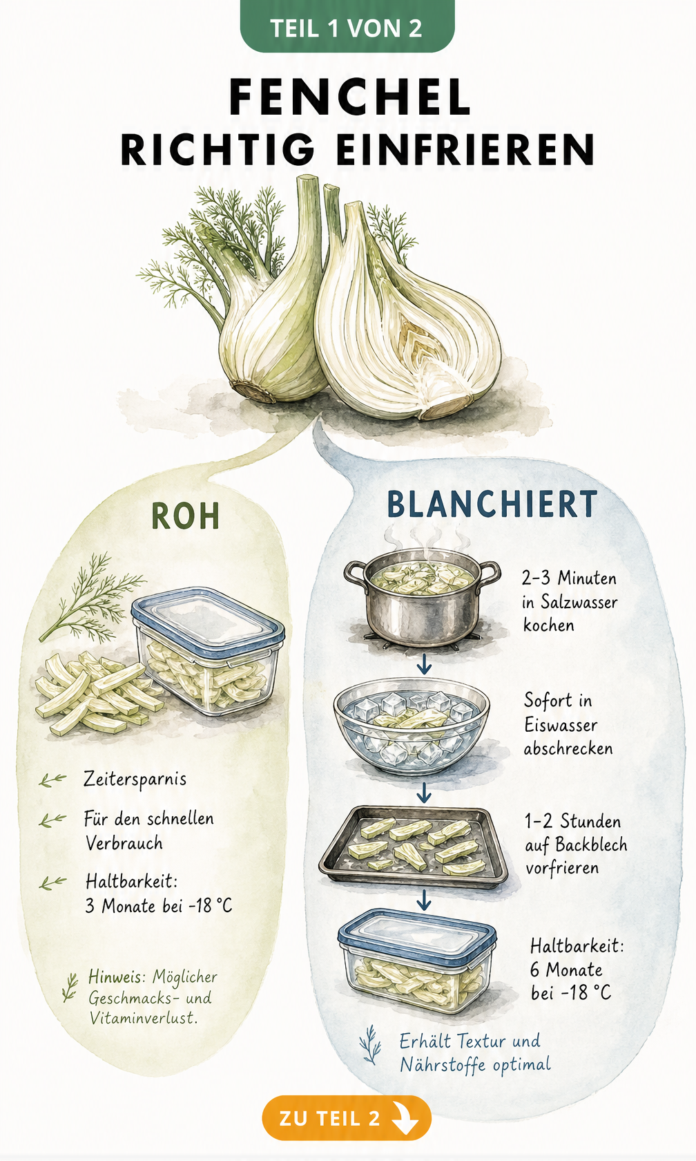 Illustration der zwei Methoden zum Fenchel einfrieren: roh für schnellen Verbrauch und blanchiert für längere Haltbarkeit