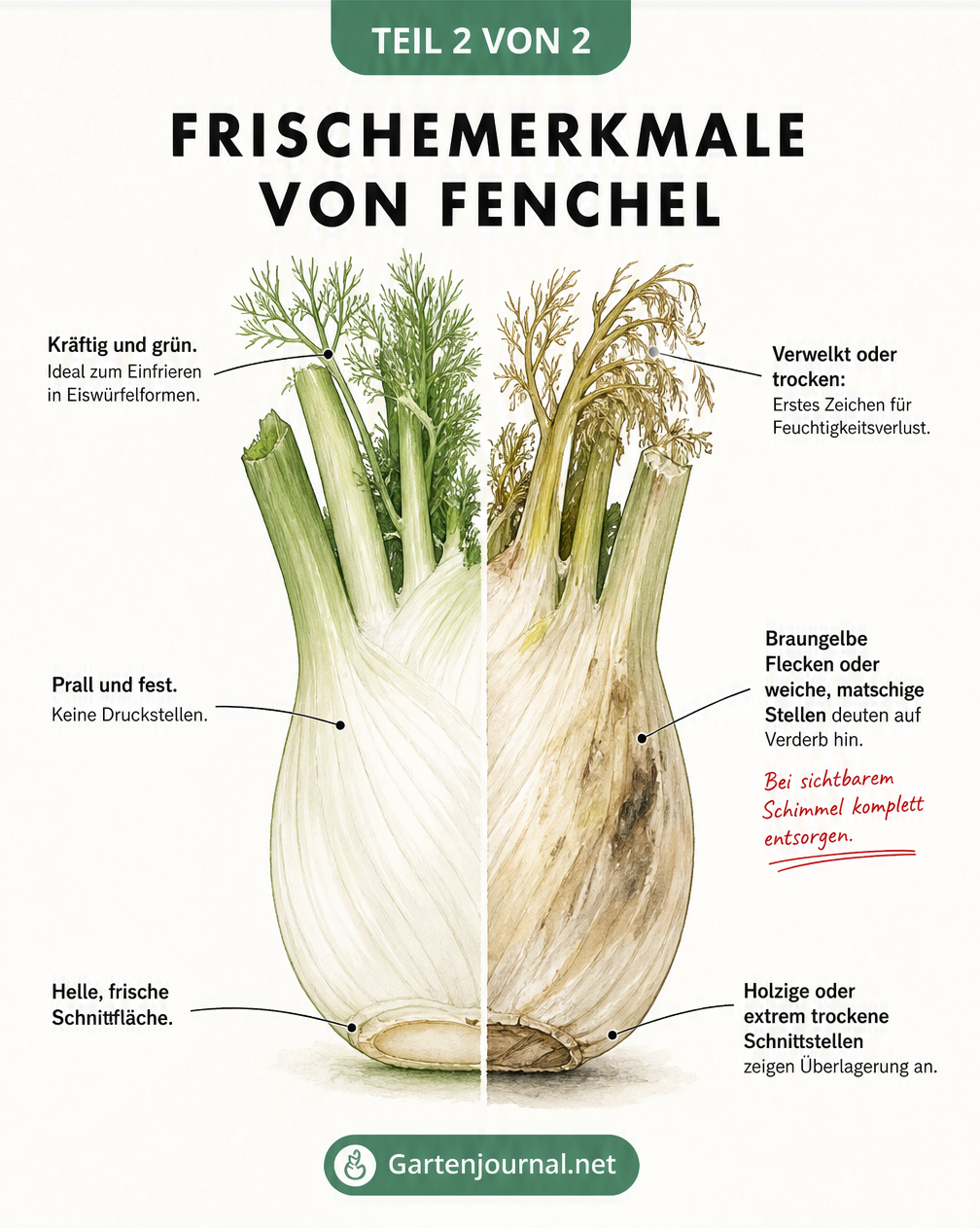 Botanische Illustration einer Fenchelknolle, die links frische Merkmale und rechts Anzeichen von Verderb zeigt.
