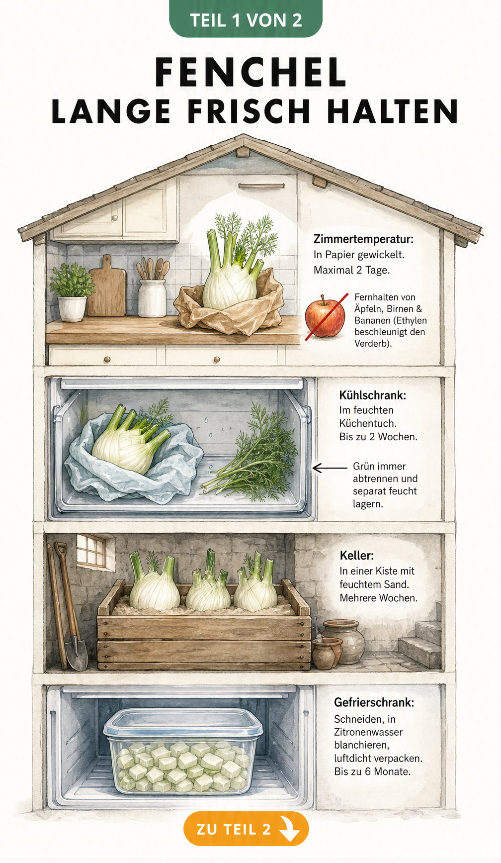 Illustration eines Hauses mit vier Lagerorten für Fenchel: Küche, Kühlschrank, Keller und Gefrierfach mit Haltbarkeitsangaben.