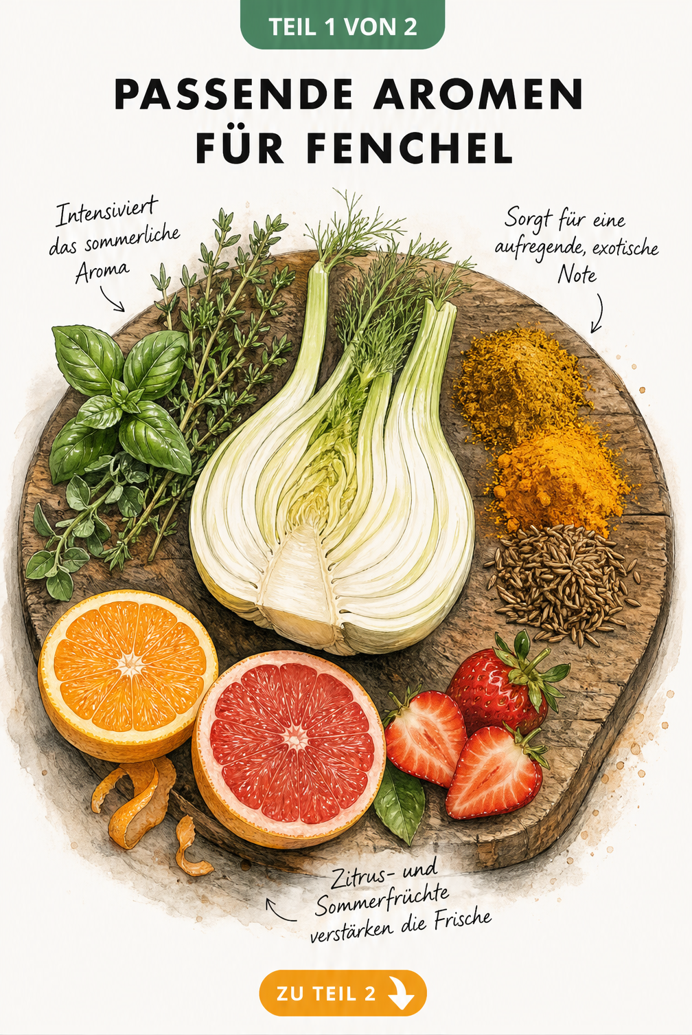 Illustration einer halbierten Fenchelknolle mit passenden Kräutern, Gewürzen und Früchten auf einem Holzbrett