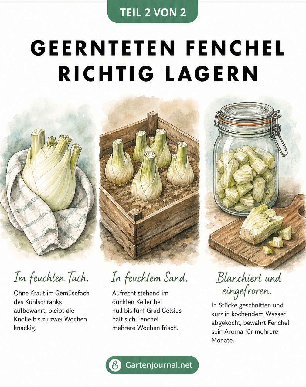 Drei Aquarell-Szenen zur Lagerung von Fenchel: im feuchten Tuch, in Sand und blanchiert eingefroren