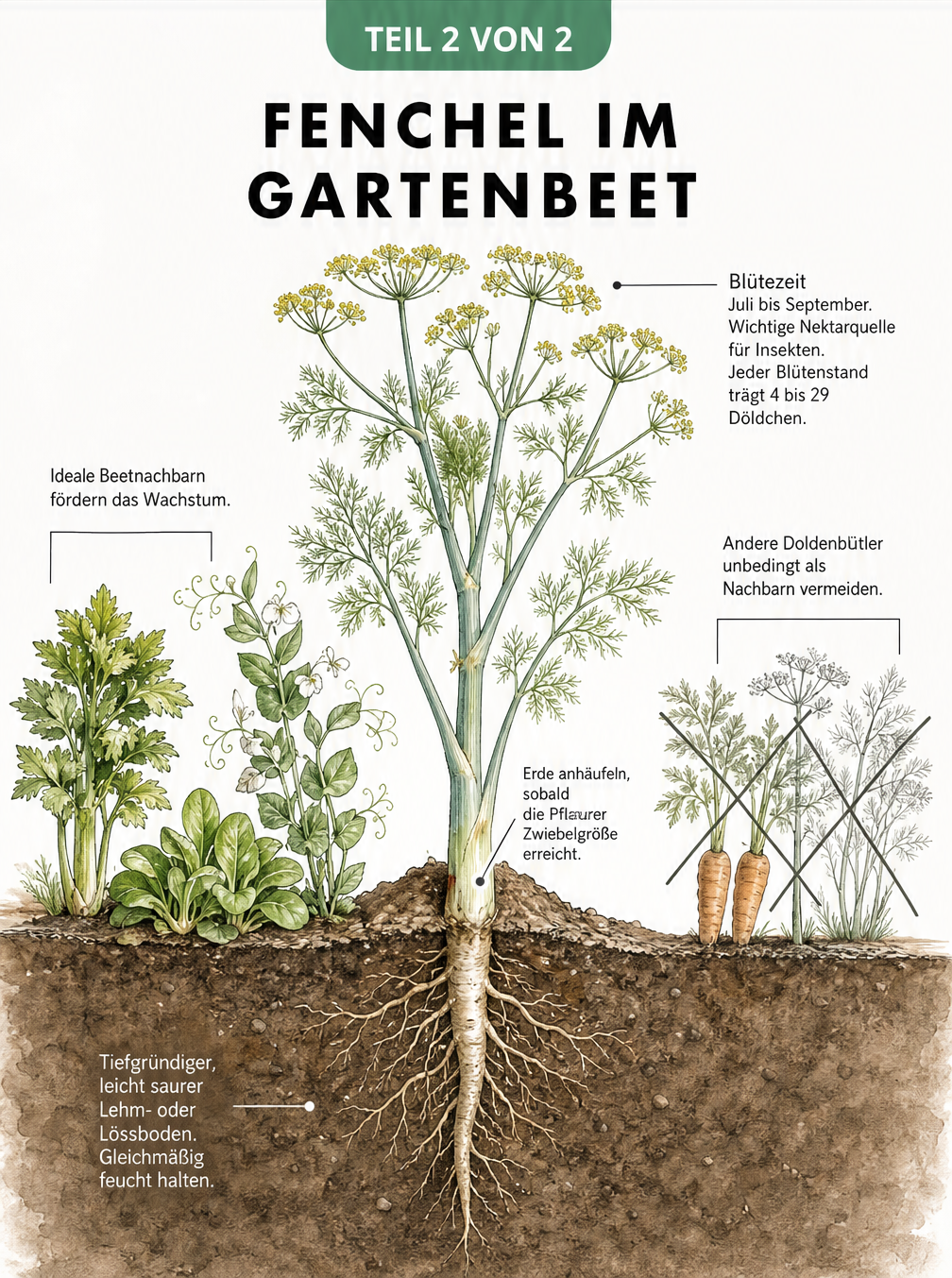 Querschnitt durch ein Gartenbeet mit einer Fenchelpflanze, die Wurzeln, Blüten und ideale sowie schlechte Beetnachbarn zeigt.