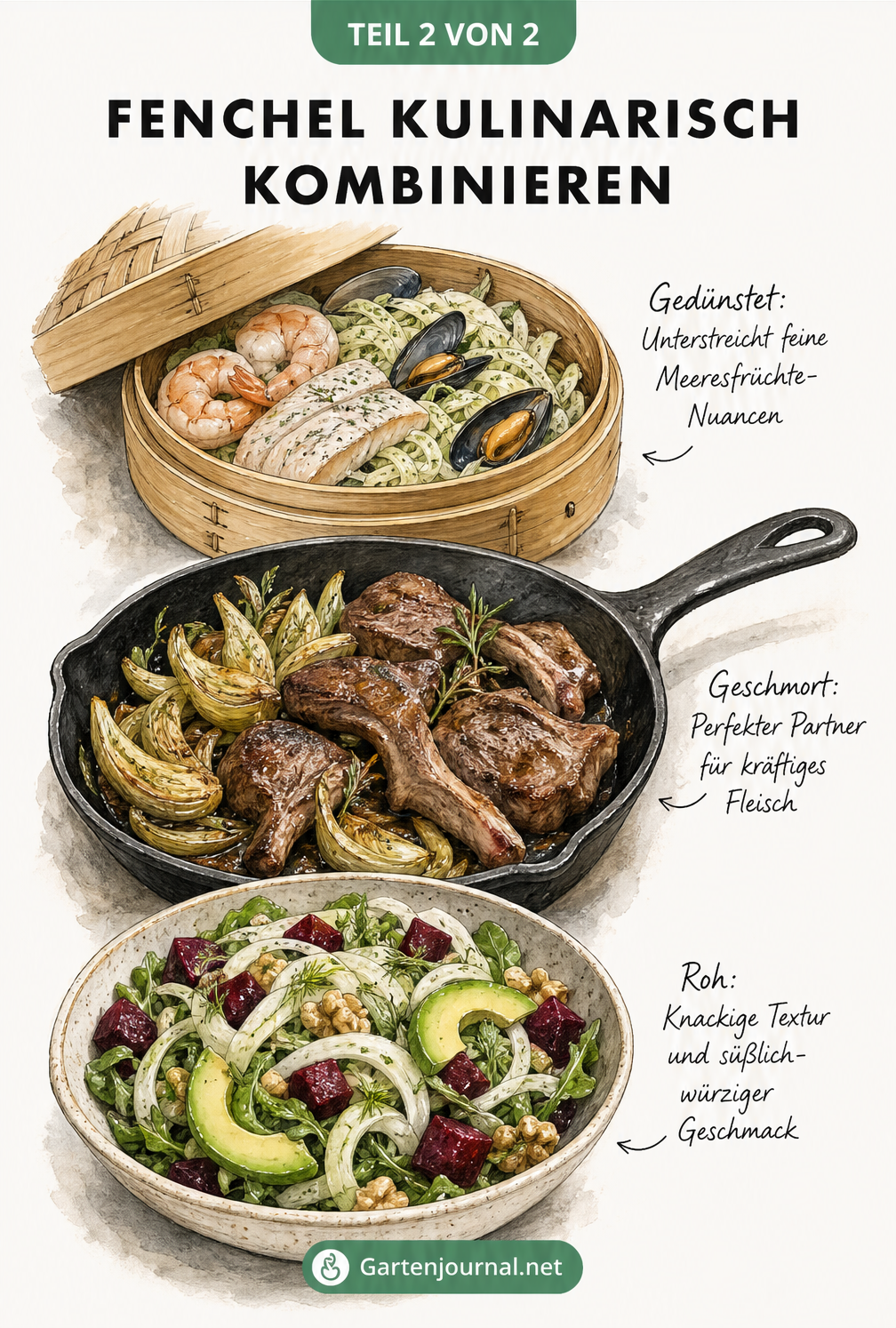 Illustration von drei Zubereitungsarten für Fenchel: gedünstet mit Meeresfrüchten, geschmort mit Fleisch und roh im Salat