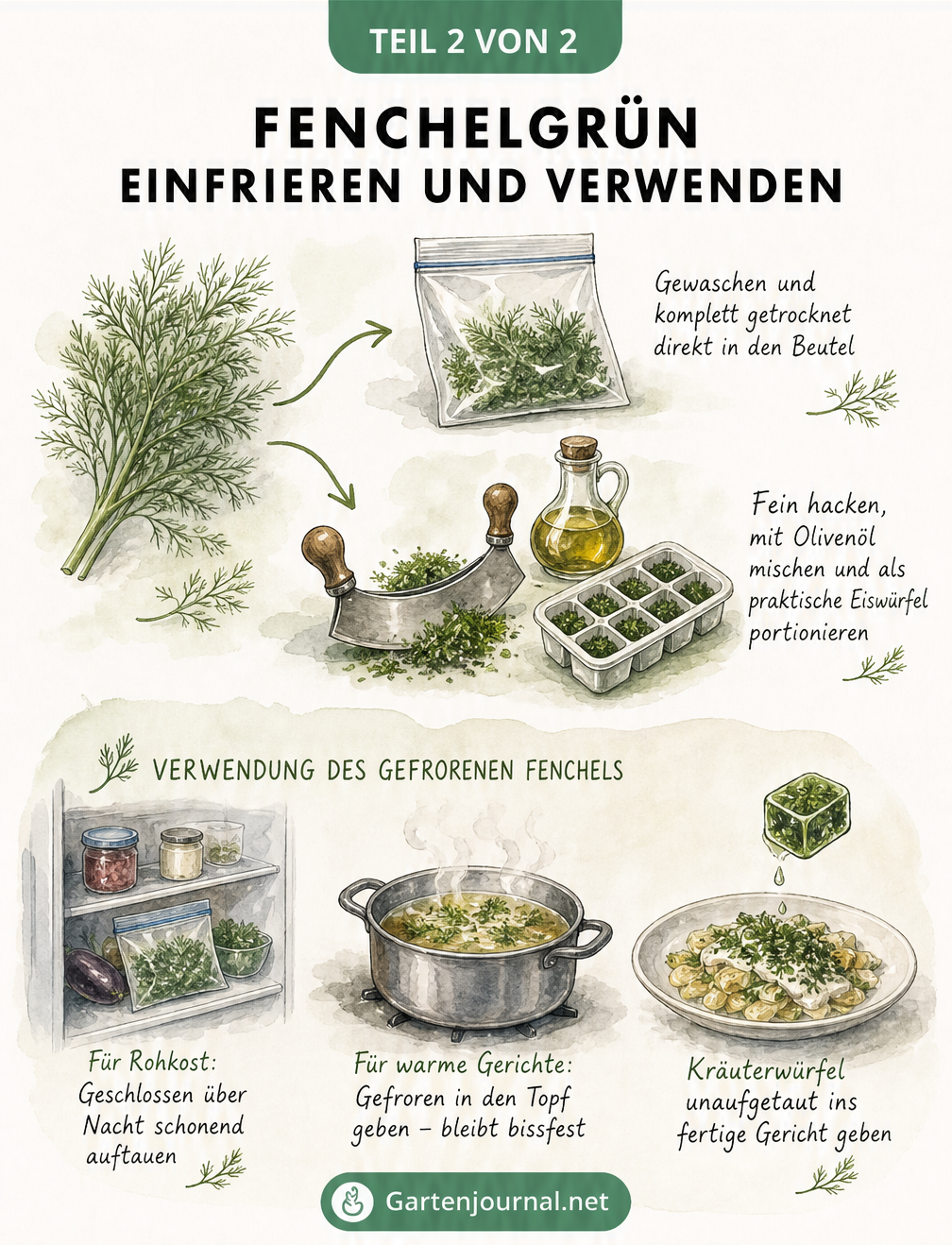 Zeichnung zur Verarbeitung von Fenchelgrün: im Ganzen einfrieren oder als praktische Kräuterwürfel mit Olivenöl