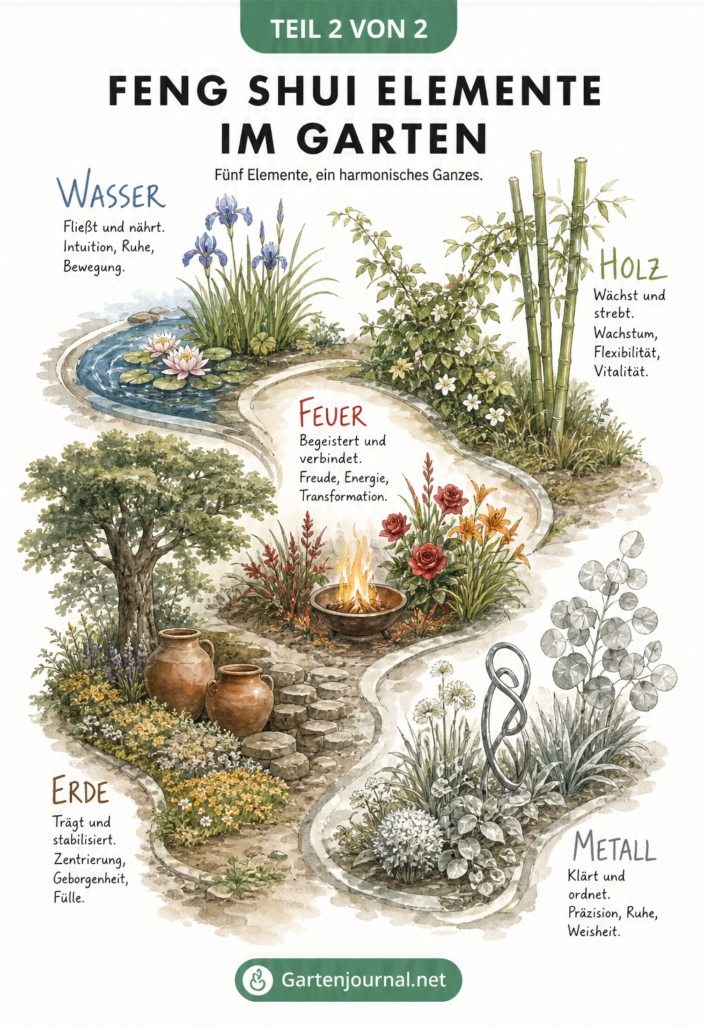 Botanische Illustration von fünf Gartenbeeten, die die Feng Shui Elemente Wasser, Holz, Feuer, Erde und Metall mit passenden Pflanzen darstellen