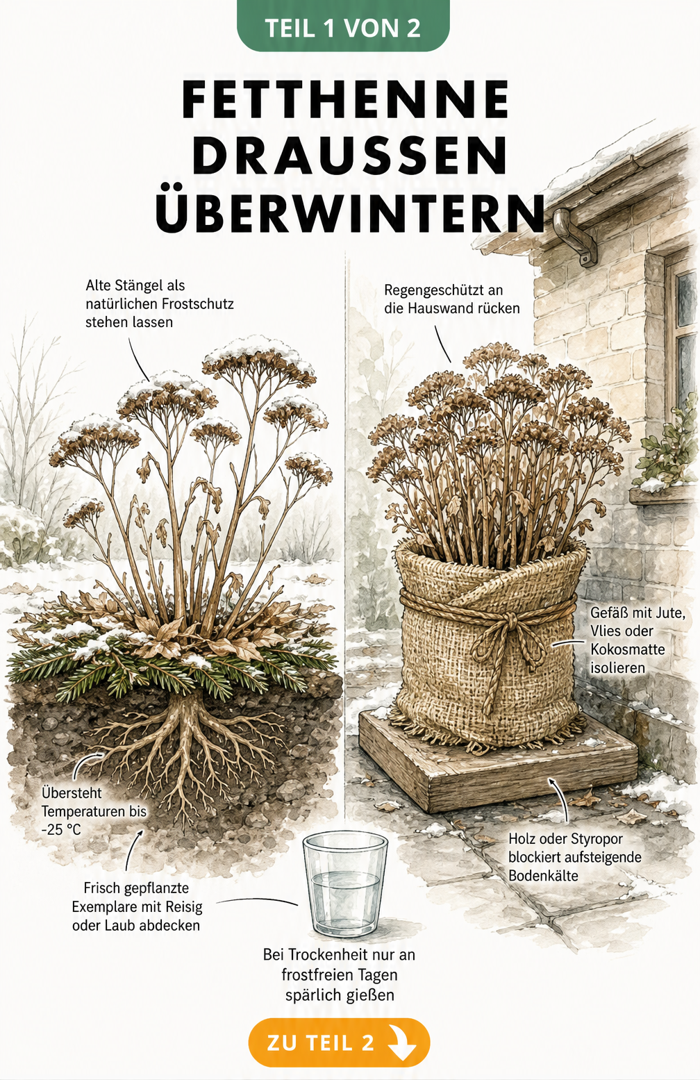 Illustration einer Fetthenne im Gartenbeet und im Topf mit Tipps zum Frostschutz