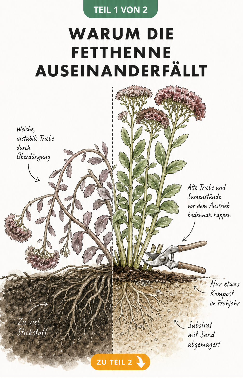 Botanische Illustration einer Fetthenne, die links durch zu viel Stickstoff auseinanderfällt und rechts durch abgemagertes Substrat und Frühjahrsschnitt...