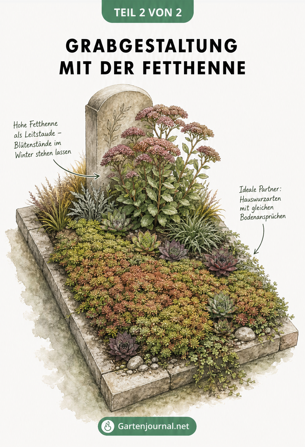 Isometrische Illustration einer Grabgestaltung mit Hoher Fetthenne und flachen Hauswurzarten