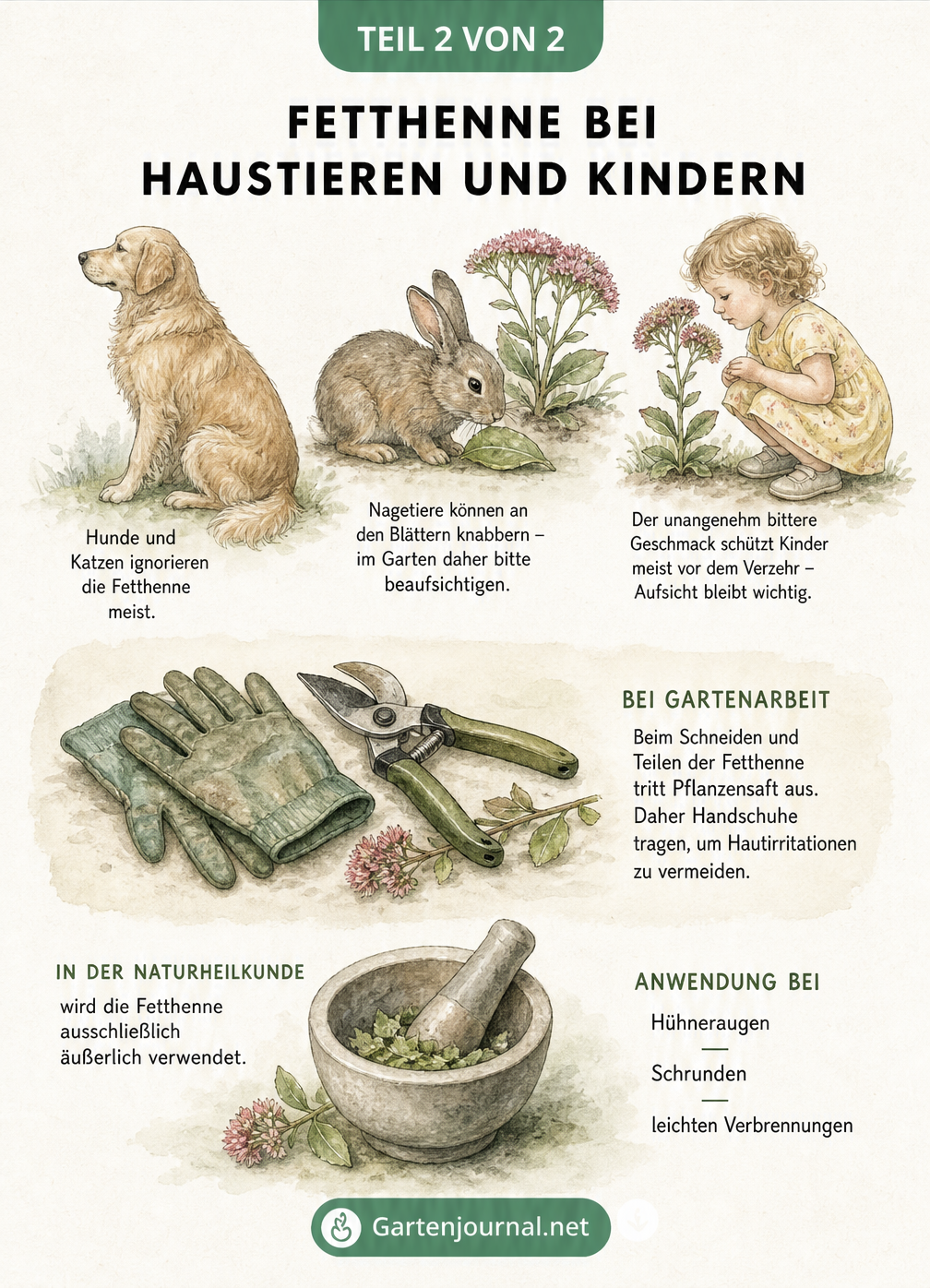 Aquarellierte Szenerie mit Hund, Kaninchen und Kind, die den Umgang mit der Fetthenne im Garten und die Notwendigkeit von Handschuhen beim Schneiden...