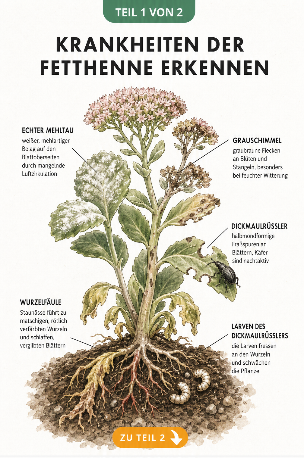 Botanische Illustration einer Fetthenne mit Schadbildern von Echtem Mehltau, Grauschimmel, Dickmaulrüssler und Wurzelfäule