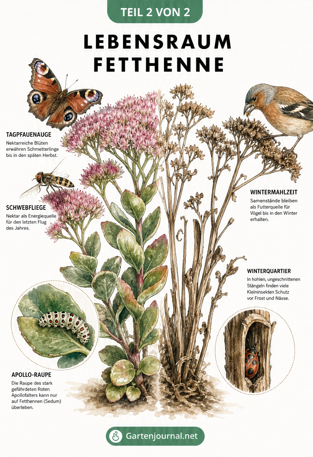 Illustration einer Fetthenne im Jahresverlauf, von der Herbstblüte mit Schmetterlingen bis zum vertrockneten Winterzustand als Insektenversteck