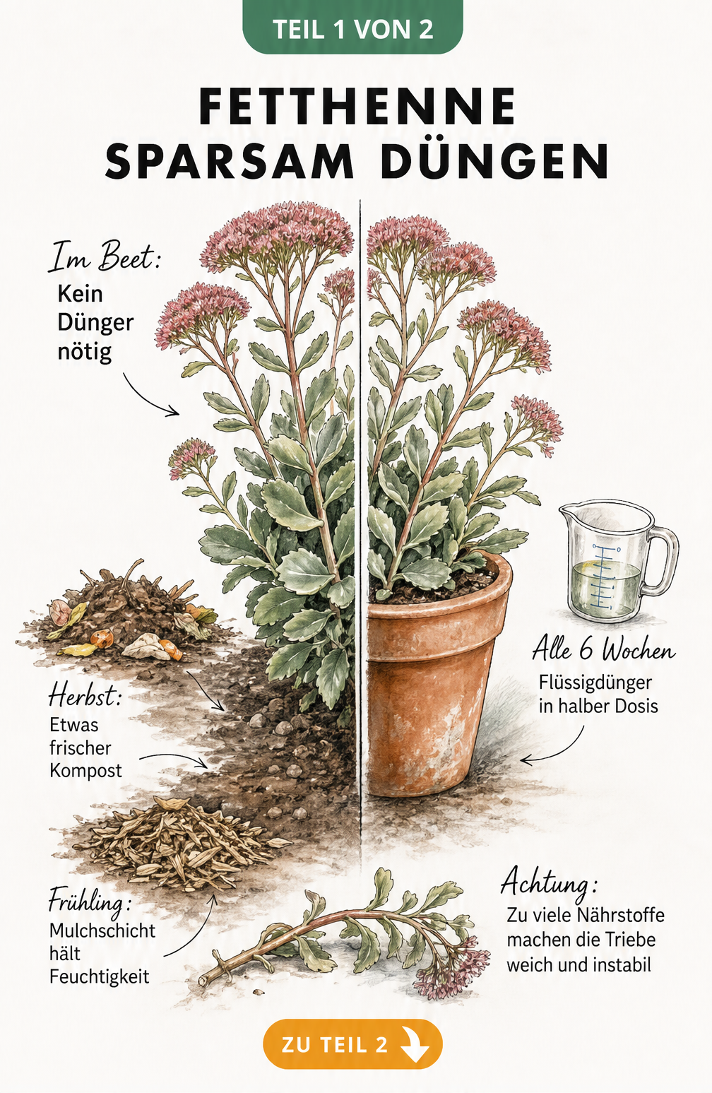 Illustration einer Fetthenne im Beet und im Kübel mit Hinweisen zur sparsamen Düngung