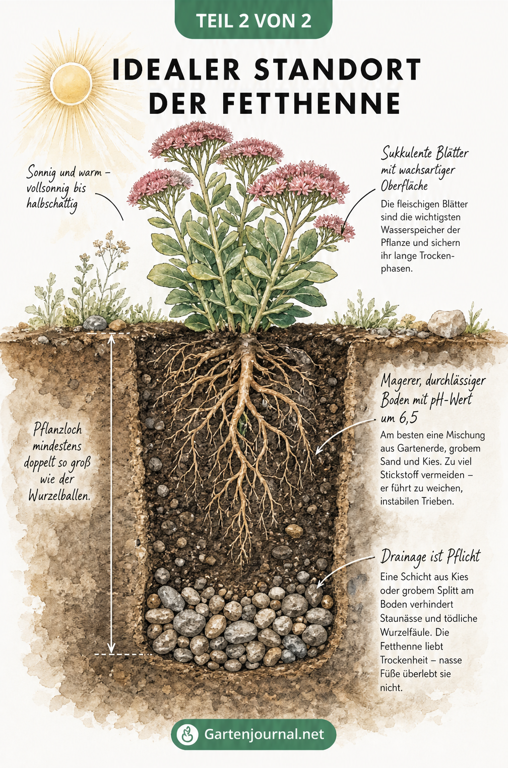Illustration der Fetthenne in vier Jahreszeiten, die den Rückschnitt im Frühjahr, den Chelsea Chop, die Blüte im Sommer und die Samenstände im Winter zeigt.