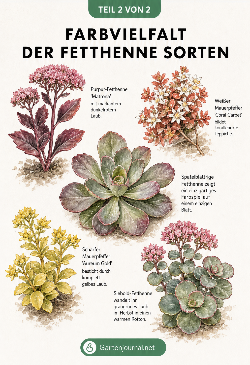 Herbarium-Tafel mit fünf verschiedenen Fetthenne-Sorten und ihren unterschiedlichen Blatt- und Blütenfarben