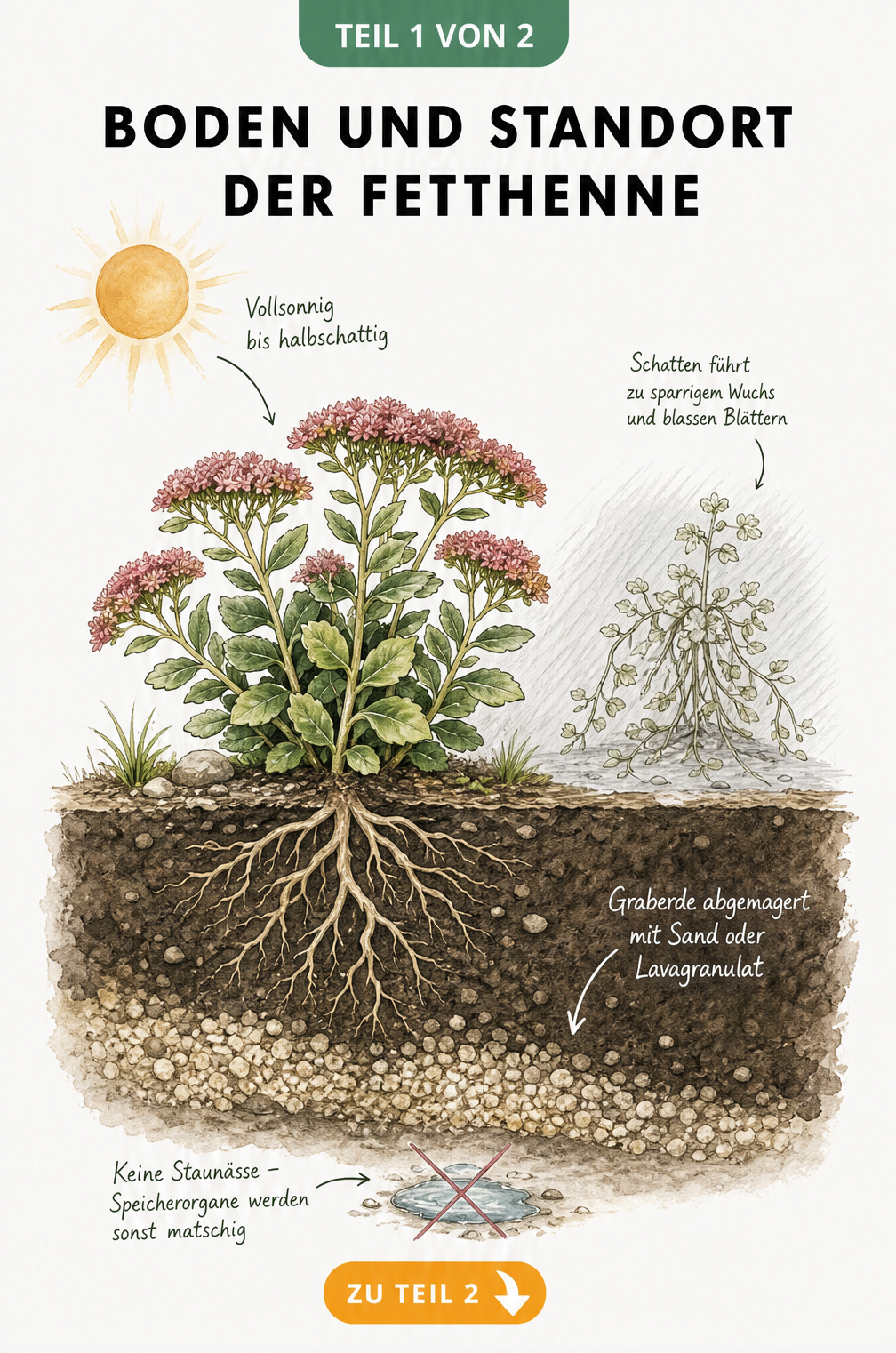 Botanische Illustration der Fetthenne mit Wurzelquerschnitt und Hinweisen zu Standort und Boden