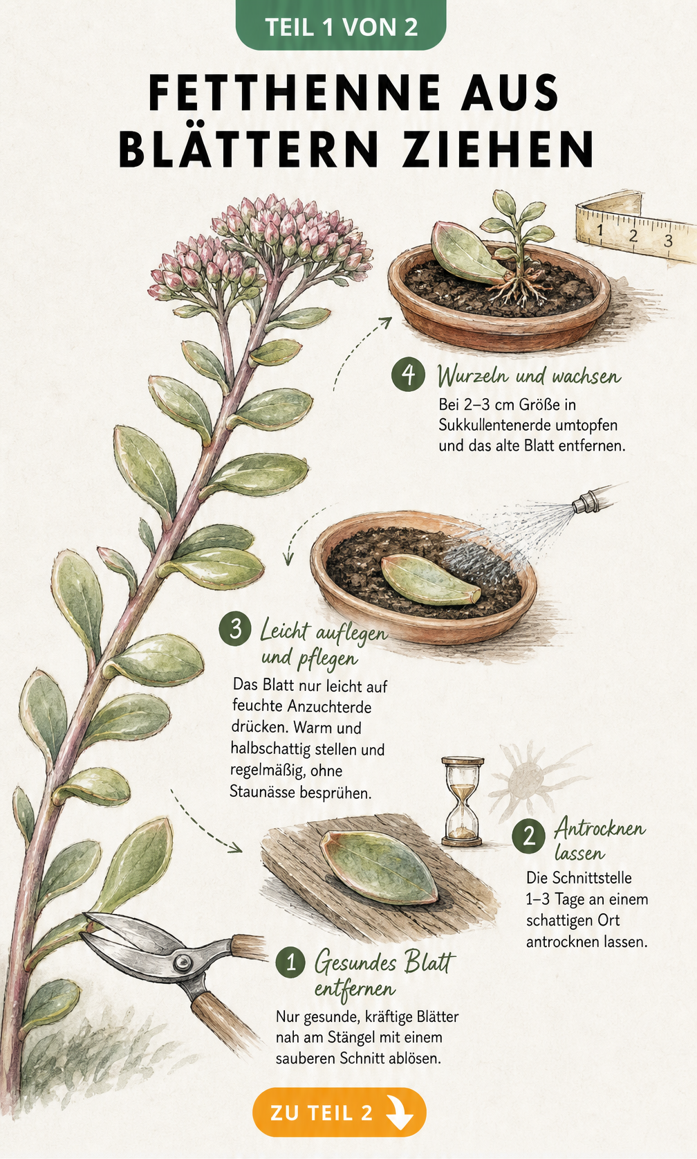 Illustration der Vermehrung einer Fetthenne durch Blattstecklinge in vier Schritten: Blatt abschneiden, antrocknen lassen, auf Erde legen und bewurzeln.