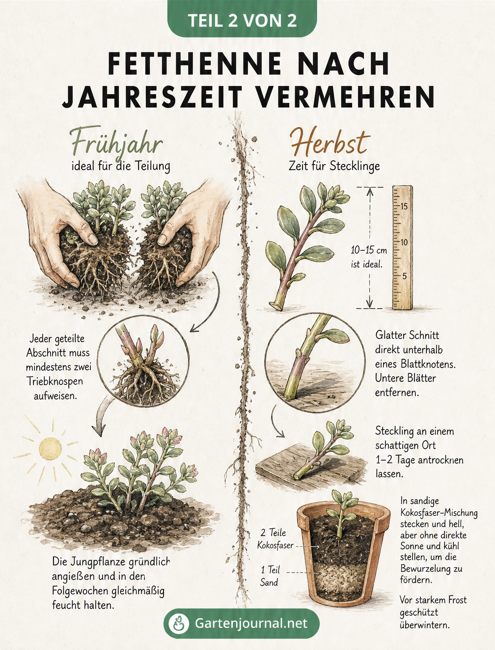 Illustration der Fetthennen-Vermehrung nach Jahreszeit: Wurzelteilung im Frühjahr und Stecklinge im Herbst.