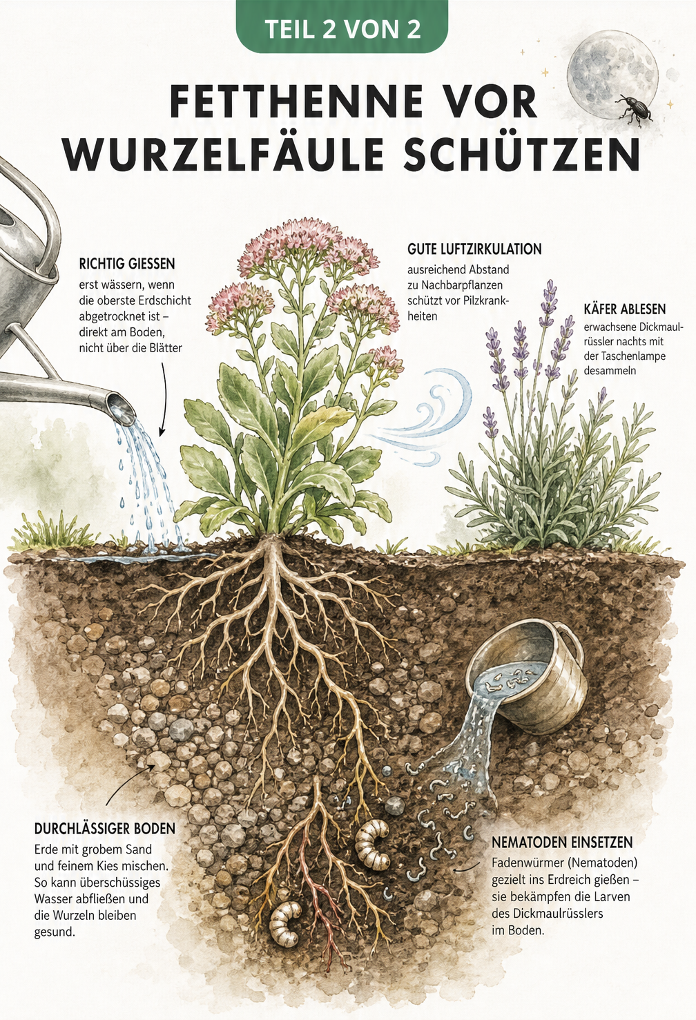 Querschnitt durch ein Gartenbeet mit einer gesunden Fetthenne, durchlässigem Boden und Maßnahmen gegen Wurzelfäule und Pilzkrankheiten