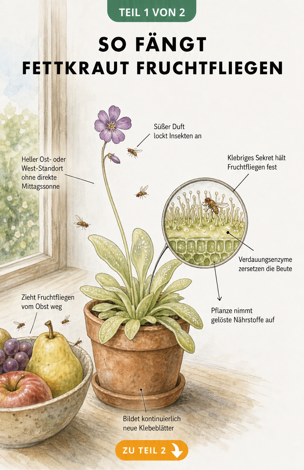 Illustration eines Fettkrauts auf der Fensterbank, das Fruchtfliegen fängt, mit Lupenansicht der klebrigen Blätter