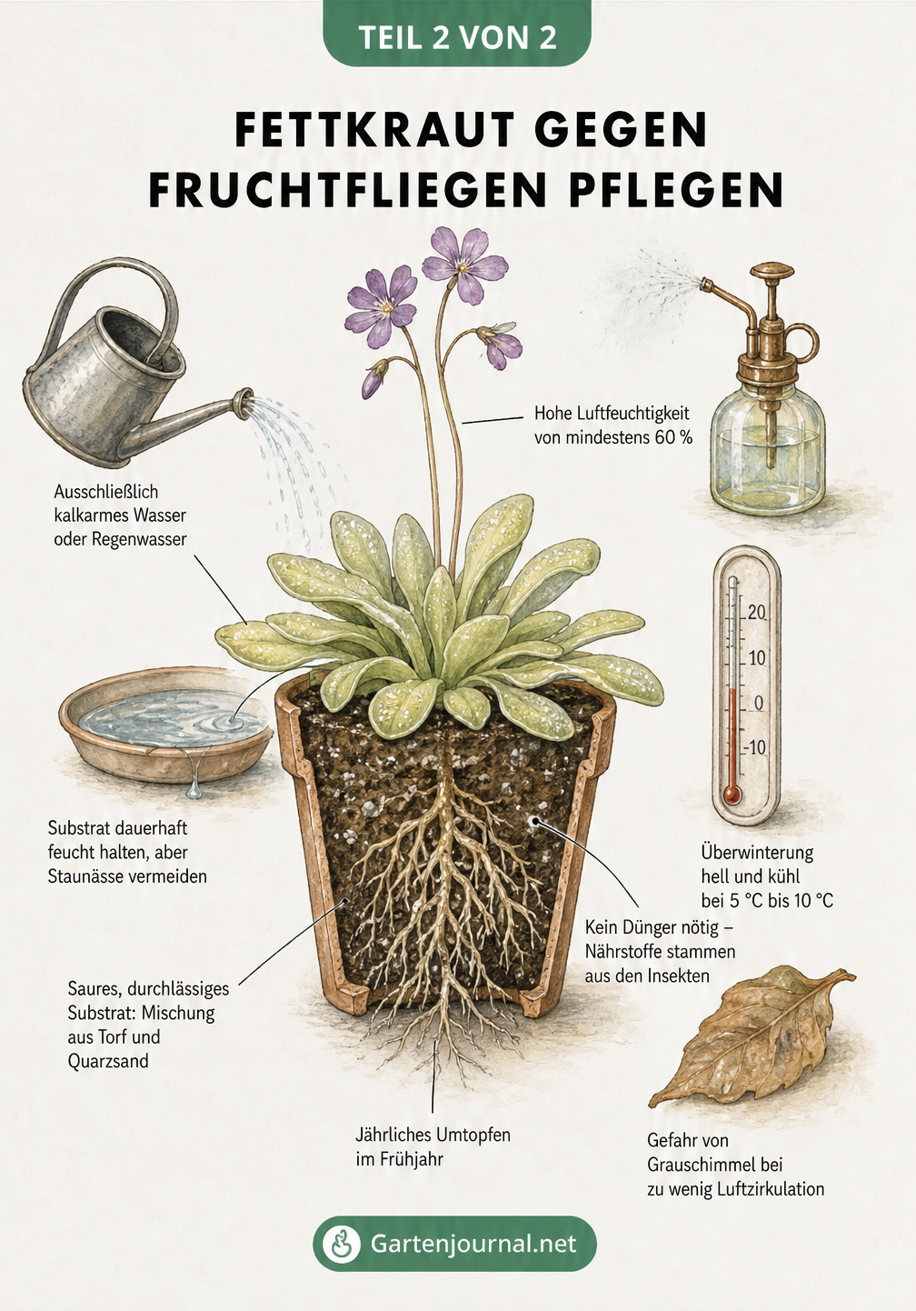 Illustration zur Pflege des Fettkrauts mit Hinweisen zu Gießwasser, Substrat, Luftfeuchtigkeit und Überwinterung
