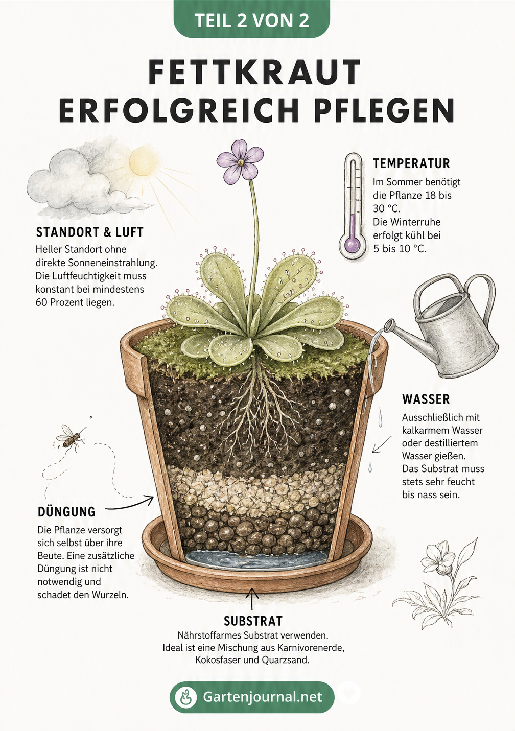 Querschnitt eines Pflanztopfes mit Fettkraut, der die idealen Pflegebedingungen wie Licht, Temperatur, Wasser und Substrat zeigt