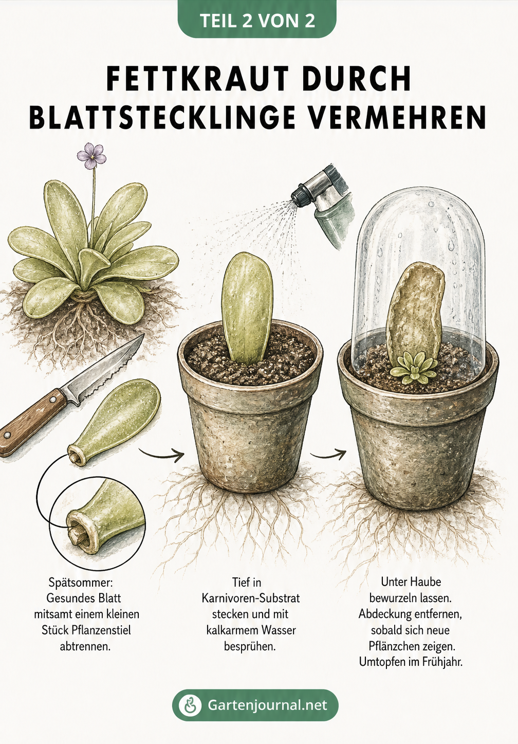 Drei Schritte der Fettkraut-Vermehrung durch Blattstecklinge: Blatt abtrennen, einpflanzen und bewurzeln lassen