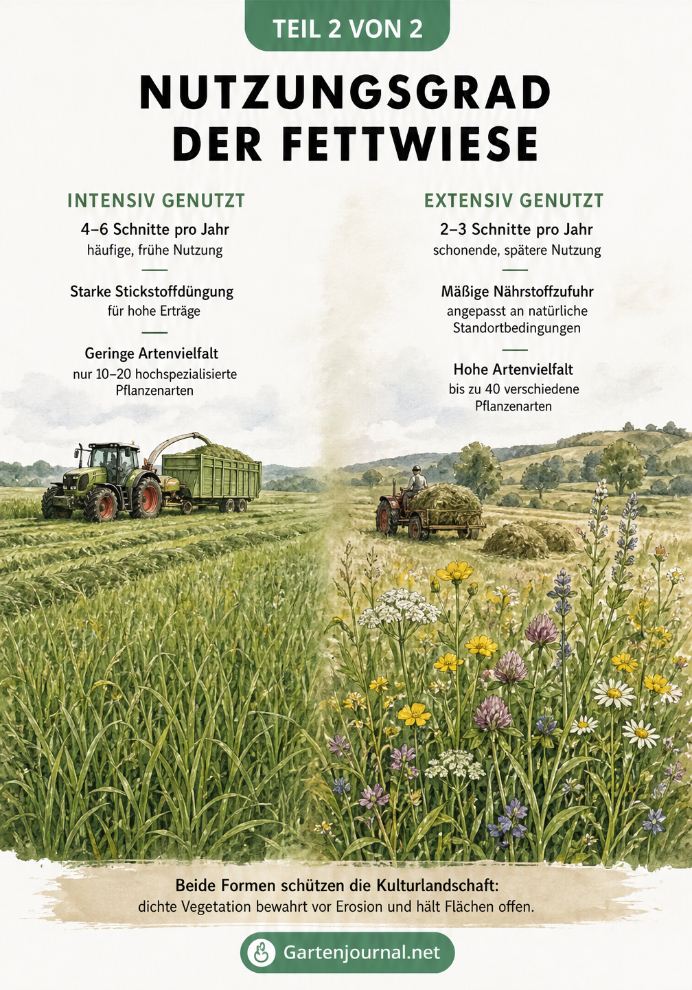 Vergleich zwischen intensiv genutzter Fettwiese mit Traktor und extensiv genutzter Fettwiese mit Heugewinnung