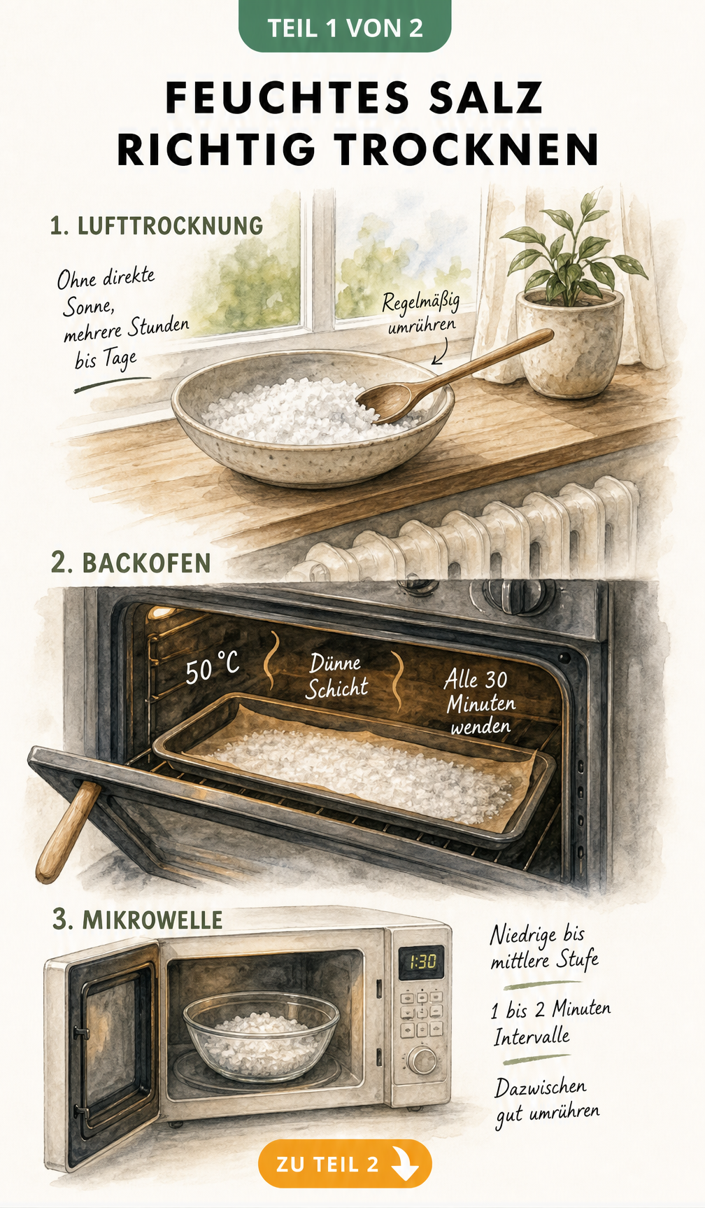 Illustration von drei Methoden zum Trocknen von feuchtem Salz: Lufttrocknung auf der Heizung, Backofen und Mikrowelle.