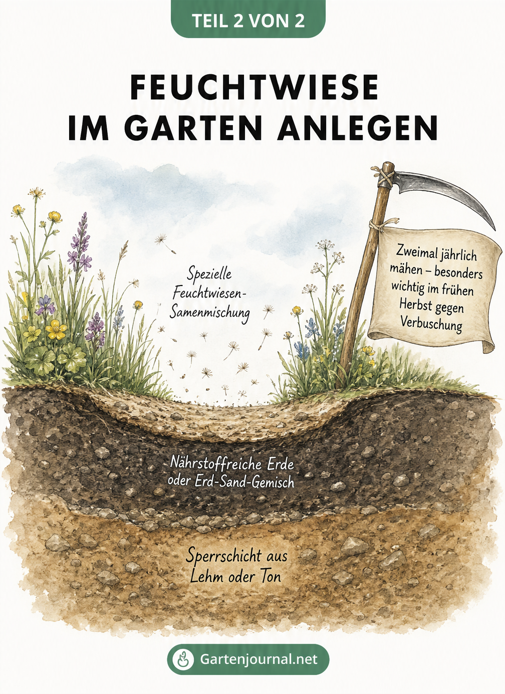 Querschnitt durch einen Gartenboden mit einer flachen Senke, Sperrschicht aus Lehm, nährstoffreicher Erde und einer Sense am Rand.