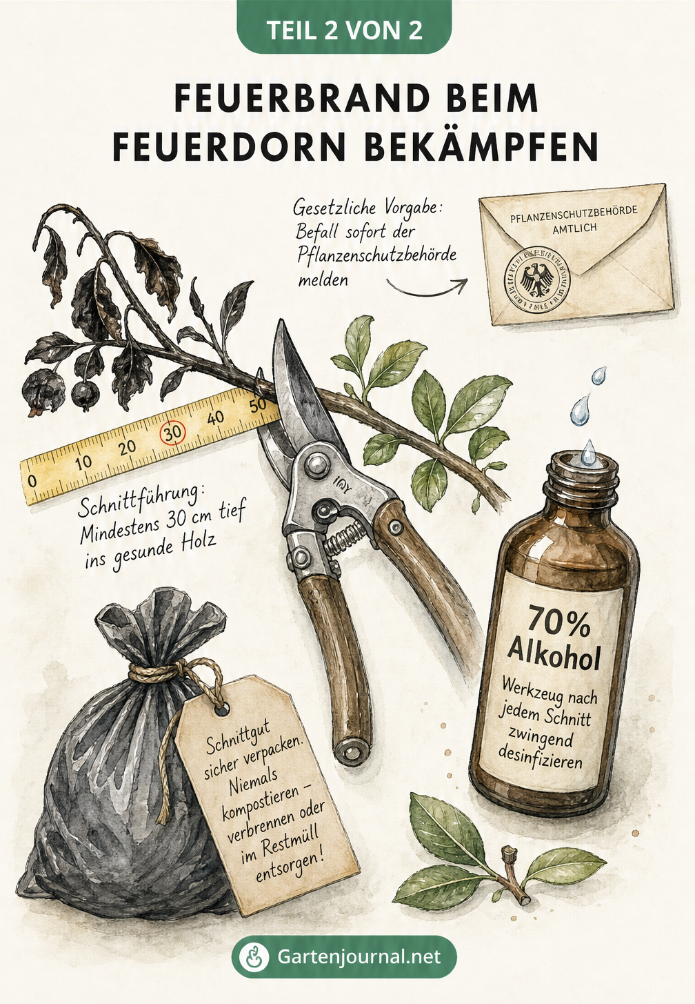 Illustration zur Bekämpfung von Feuerbrand am Feuerdorn: Gartenschere schneidet kranken Zweig, Maßband zeigt 30 cm Schnitttiefe, Alkohol zur Desinfektion und...