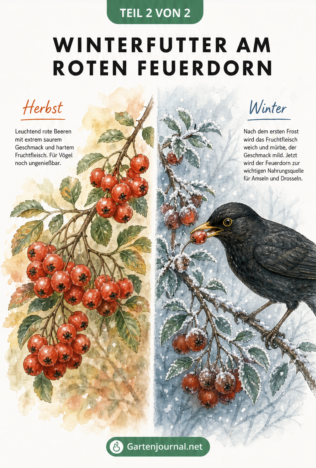 Illustration eines Feuerdornzweigs im Herbst mit roten Beeren und im Winter mit Frost und einer fressenden Amsel