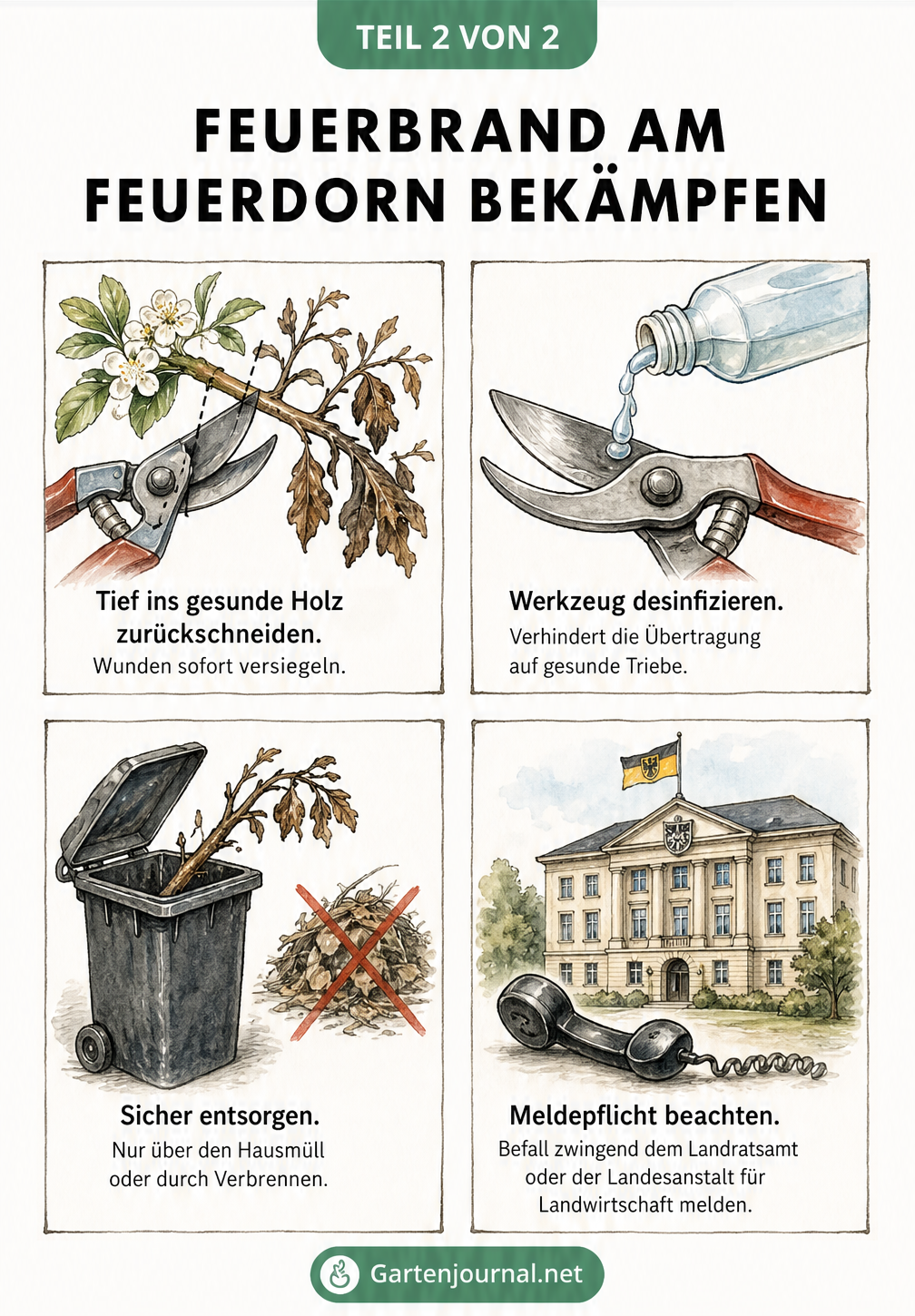 Illustration zur Bekämpfung von Feuerbrand am Feuerdorn mit Gartenschere, Desinfektion, Mülltonne und Meldepflicht