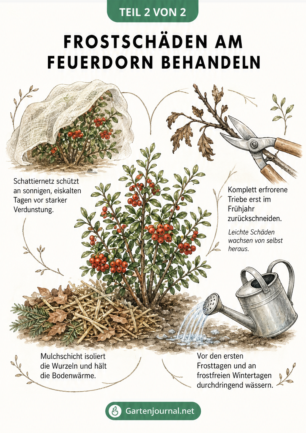 Zeichnung eines Feuerdorn-Strauchs mit vier Maßnahmen gegen Frostschäden: Mulchen, Wässern, Schattiernetz und Rückschnitt erfrorener Triebe.