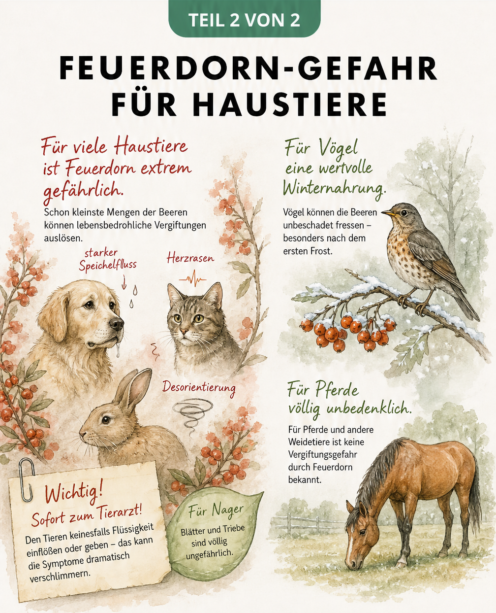 Illustration von Hund, Katze und Kaninchen neben Feuerdorn-Zweigen mit Warnhinweisen zu Vergiftungssymptomen und Erster Hilfe.