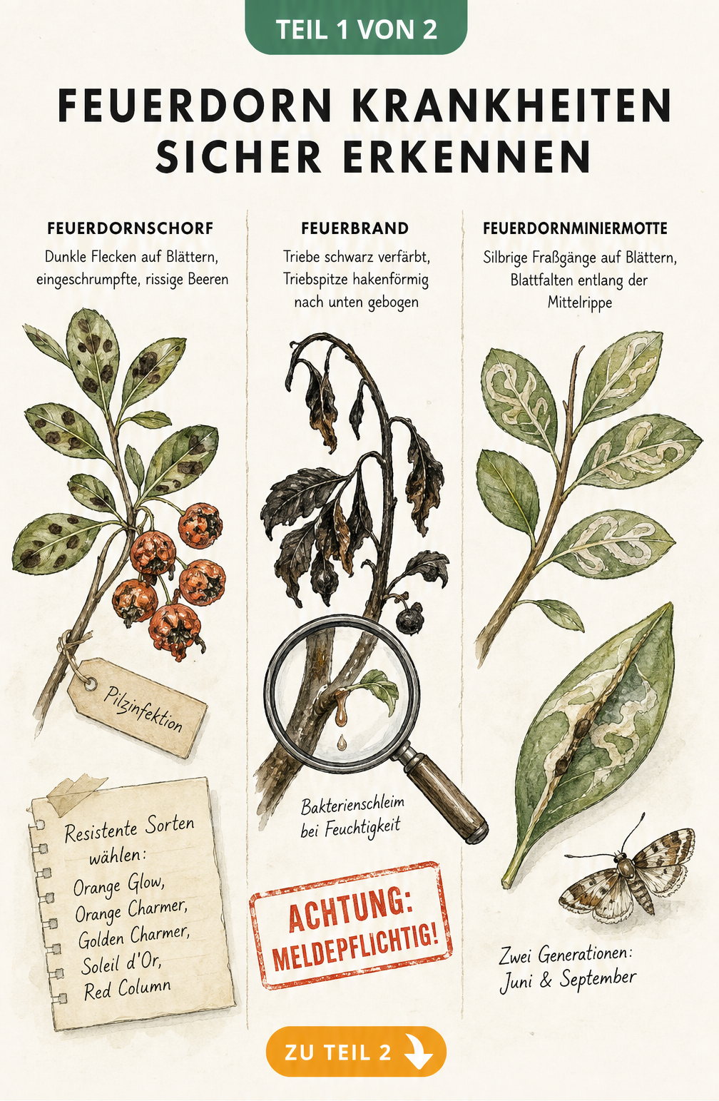 Botanische Illustration von Feuerdorn-Krankheiten: Feuerdornschorf, Feuerbrand und Feuerdornminiermotte mit Schadbildern an Zweigen und Blättern