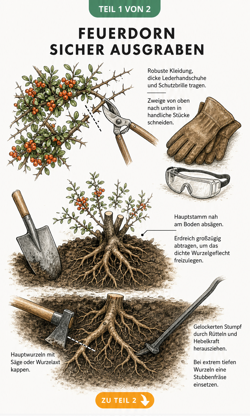Querschnitt-Illustration einer Feuerdornpflanze, die das sichere Ausgraben von Geäst, Stamm und Wurzelwerk mit Werkzeugen zeigt