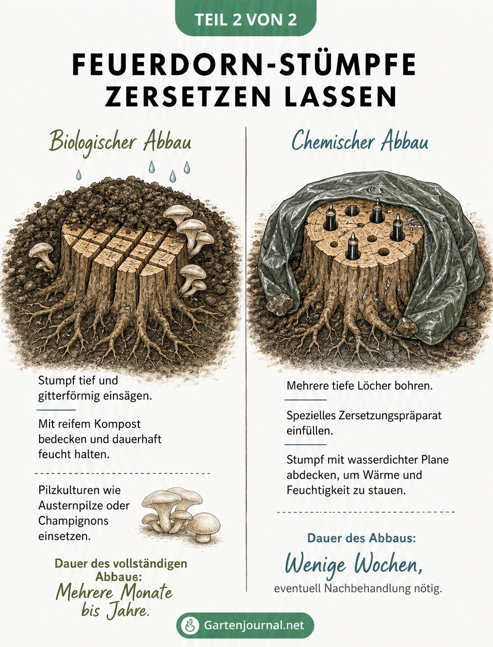 Gegenüberstellung von biologischem und chemischem Abbau eines Feuerdorn-Stumpfes im Erdreich