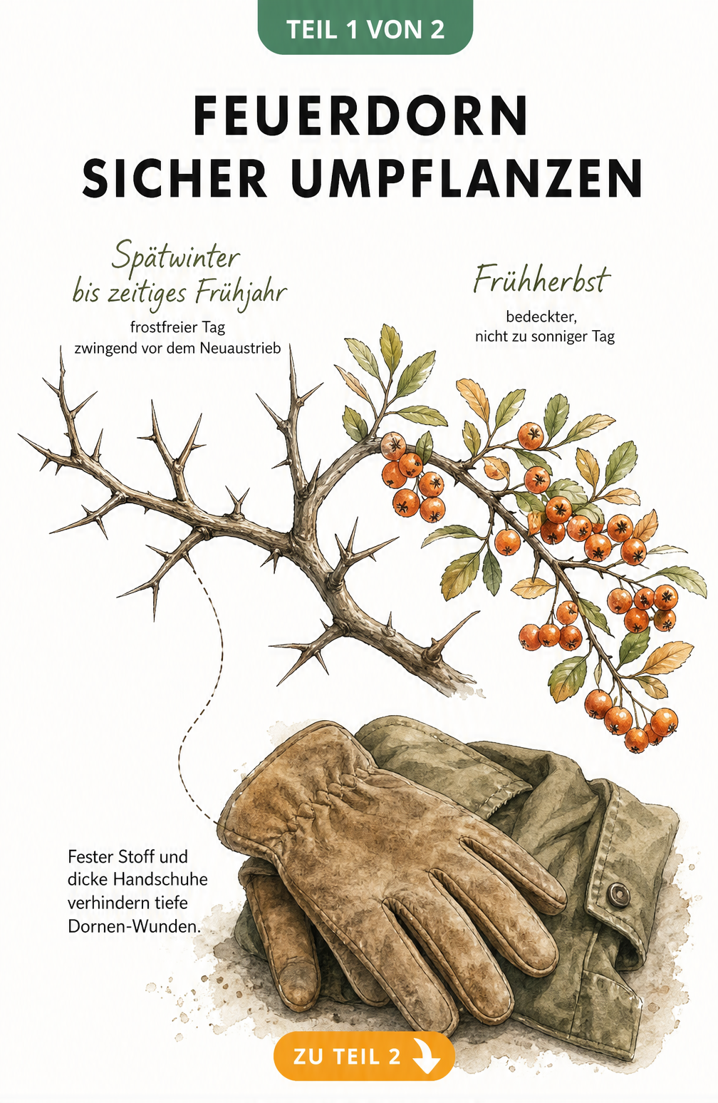 Botanische Illustration eines Feuerdorn-Zweigs mit Dornen und Beeren, die den richtigen Zeitpunkt zum Umpflanzen zeigt.