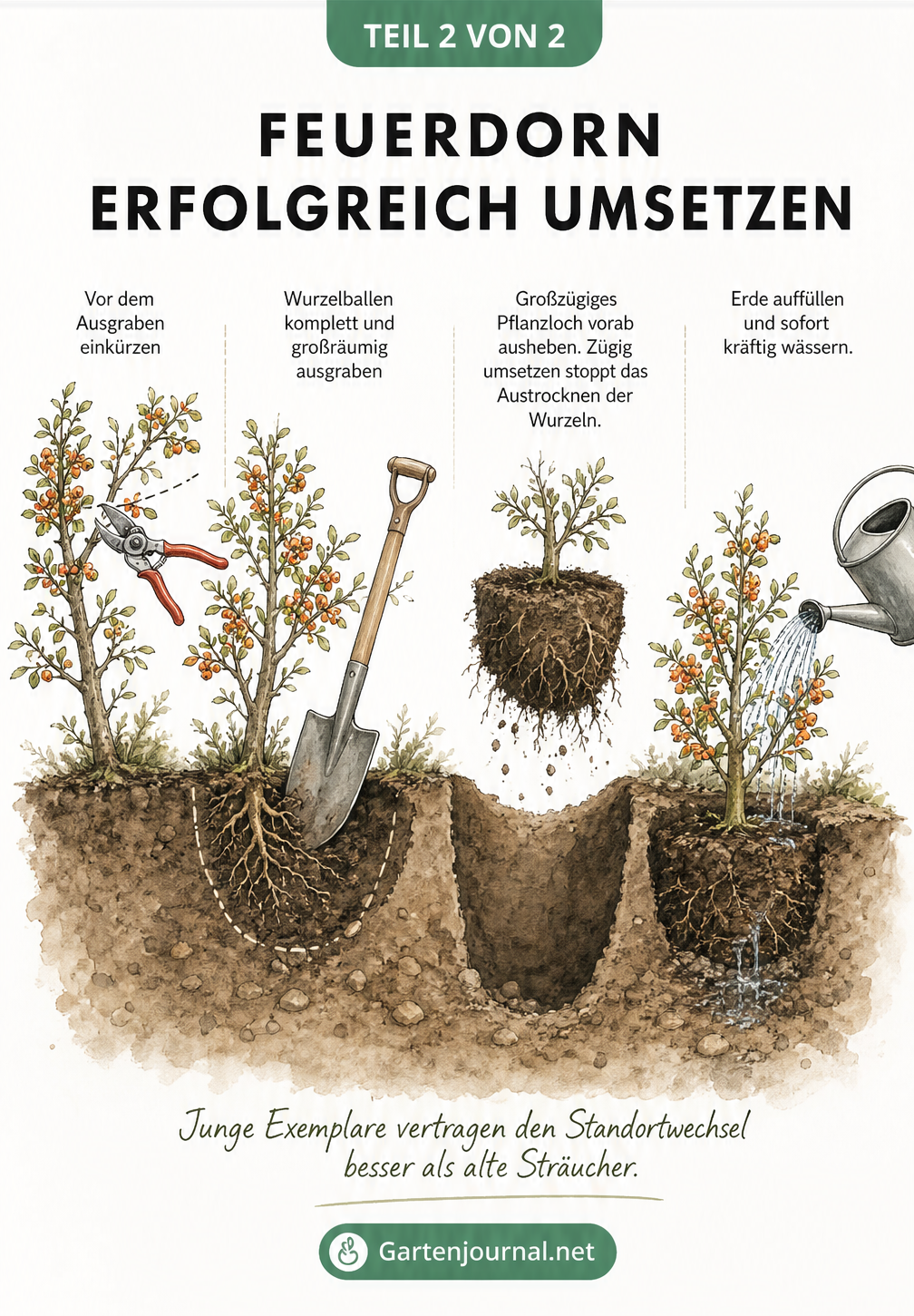 Querschnitt-Illustration der vier Arbeitsschritte beim Umpflanzen eines Feuerdorns: Einkürzen, Ausgraben, Einsetzen und Wässern.