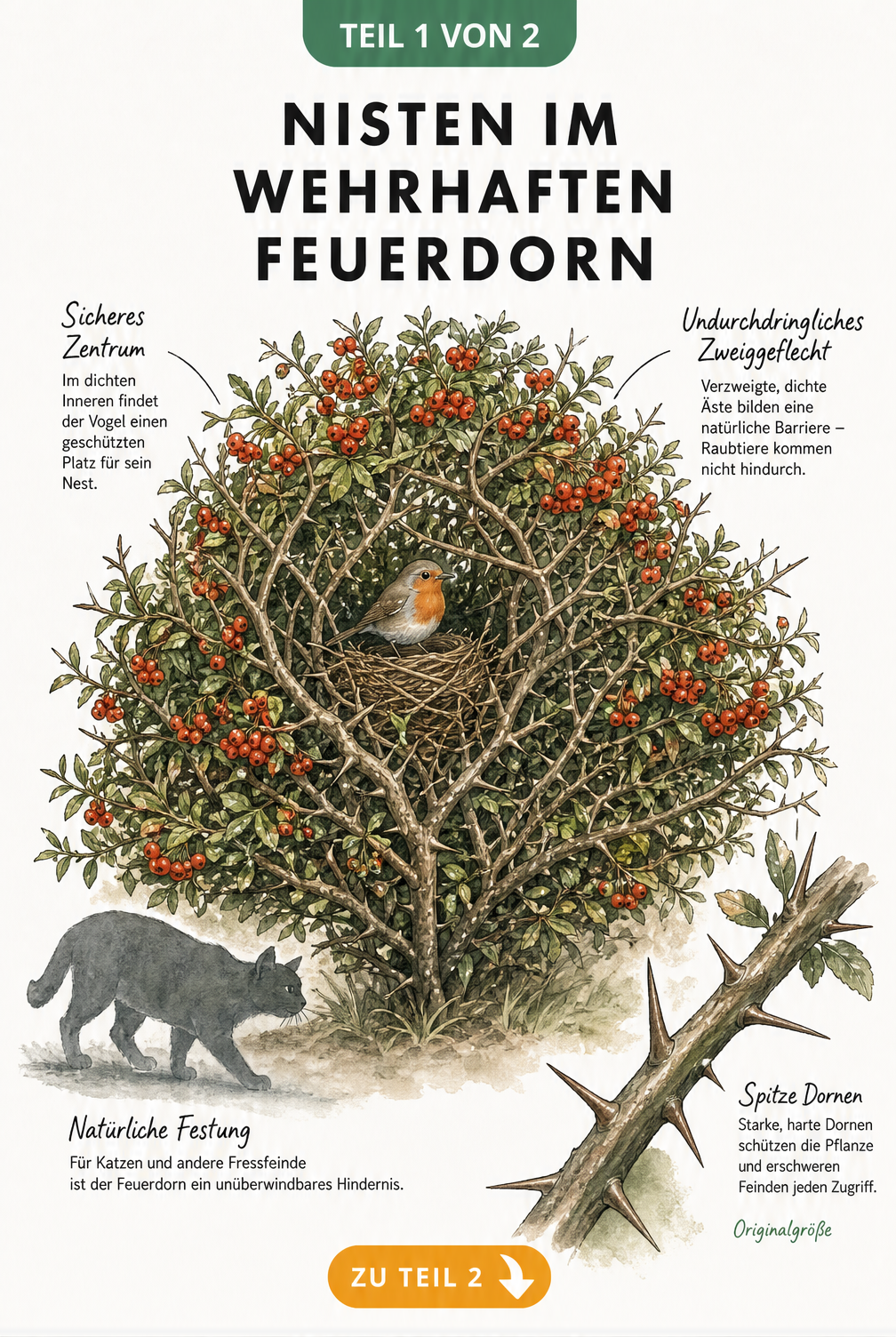 Querschnitt eines Feuerdorn-Strauchs mit einem Vogelnest im Inneren und einer Katze außerhalb der dichten Dornen