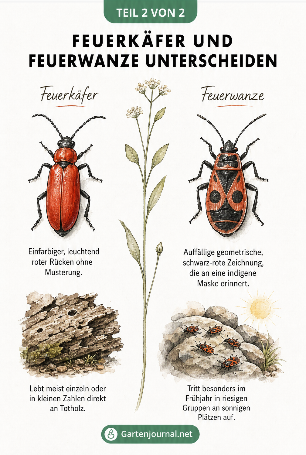 Gegenüberstellung von Feuerkäfer und Feuerwanze zur Unterscheidung