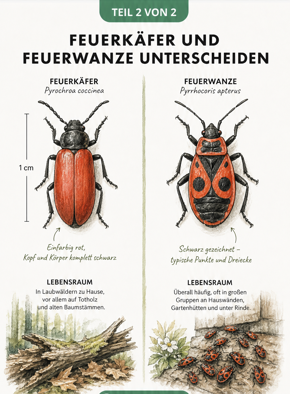 Gegenüberstellung von Feuerkäfer und Feuerwanze mit Merkmalen wie Körperform und Zeichnung