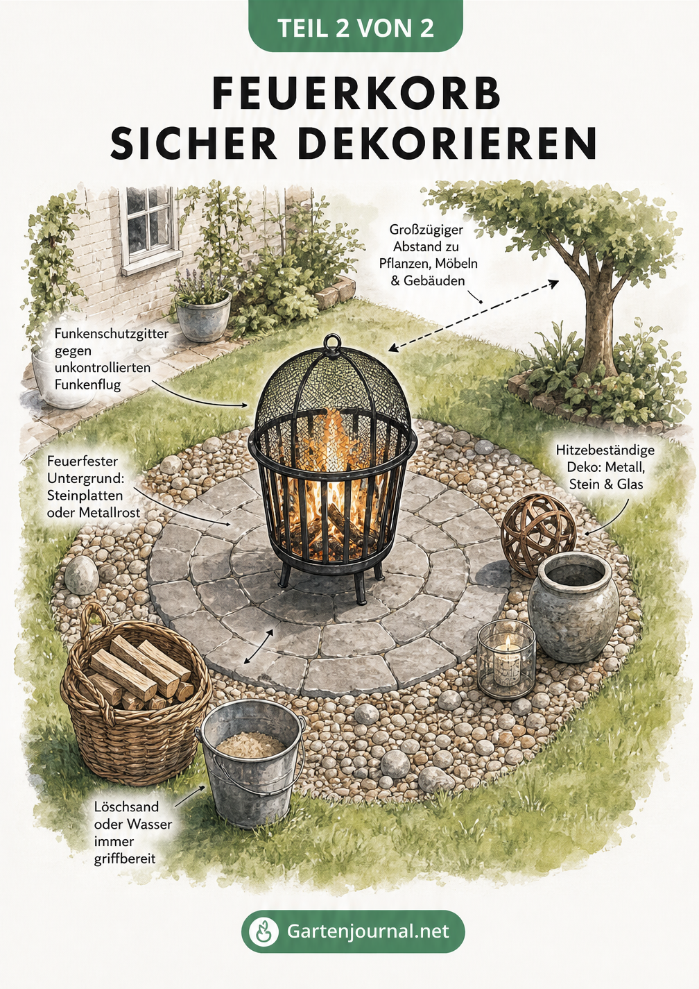 Isometrische 3D-Ansicht eines Feuerkorbs mit markierten Sicherheitszonen, feuerfestem Untergrund und Abständen
