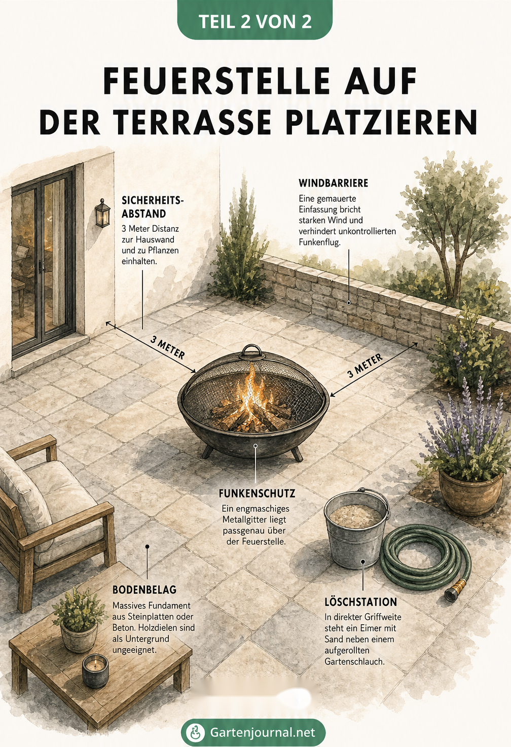 Isometrische Zeichnung einer Terrassenecke mit brennender Feuerschale, die Sicherheitsabstände, Bodenbelag, Funkenschutz, Löschstation und Windbarriere zeigt.