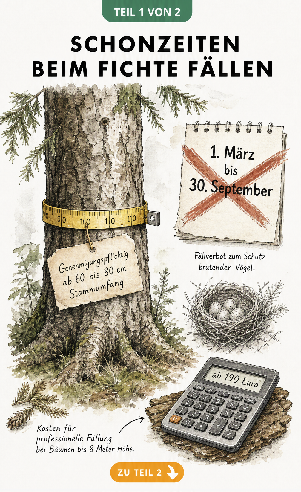 Skizze eines Fichtenstamms mit Maßband, durchgestrichenem Kalenderblatt für die Schonzeit und Taschenrechner für Fällkosten