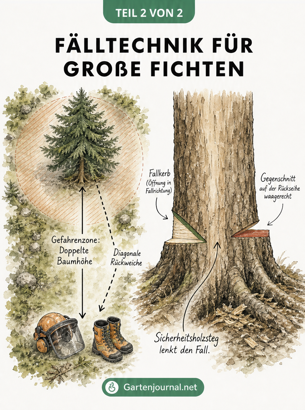 Illustration der Fälltechnik für Fichten mit Gefahrenzone, diagonaler Rückweiche und Querschnitt des Fällschnitts
