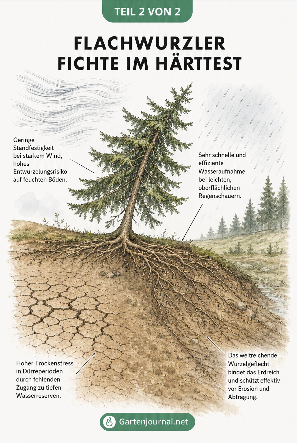 Illustration einer Fichte, die Umwelteinflüssen wie Sturm, Trockenheit, Regen und Hanglage ausgesetzt ist